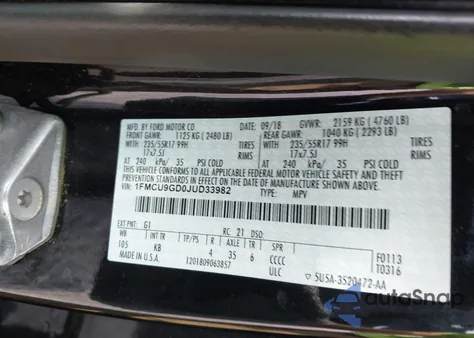 2018 Ford Escape Se from USA, damaged, VIN 1FMCU9GD0JUD33982